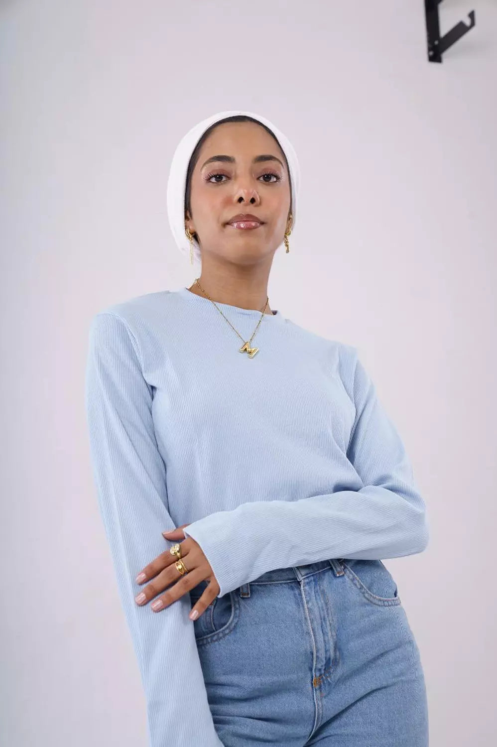 Ribbed long sleeves top in baby blue