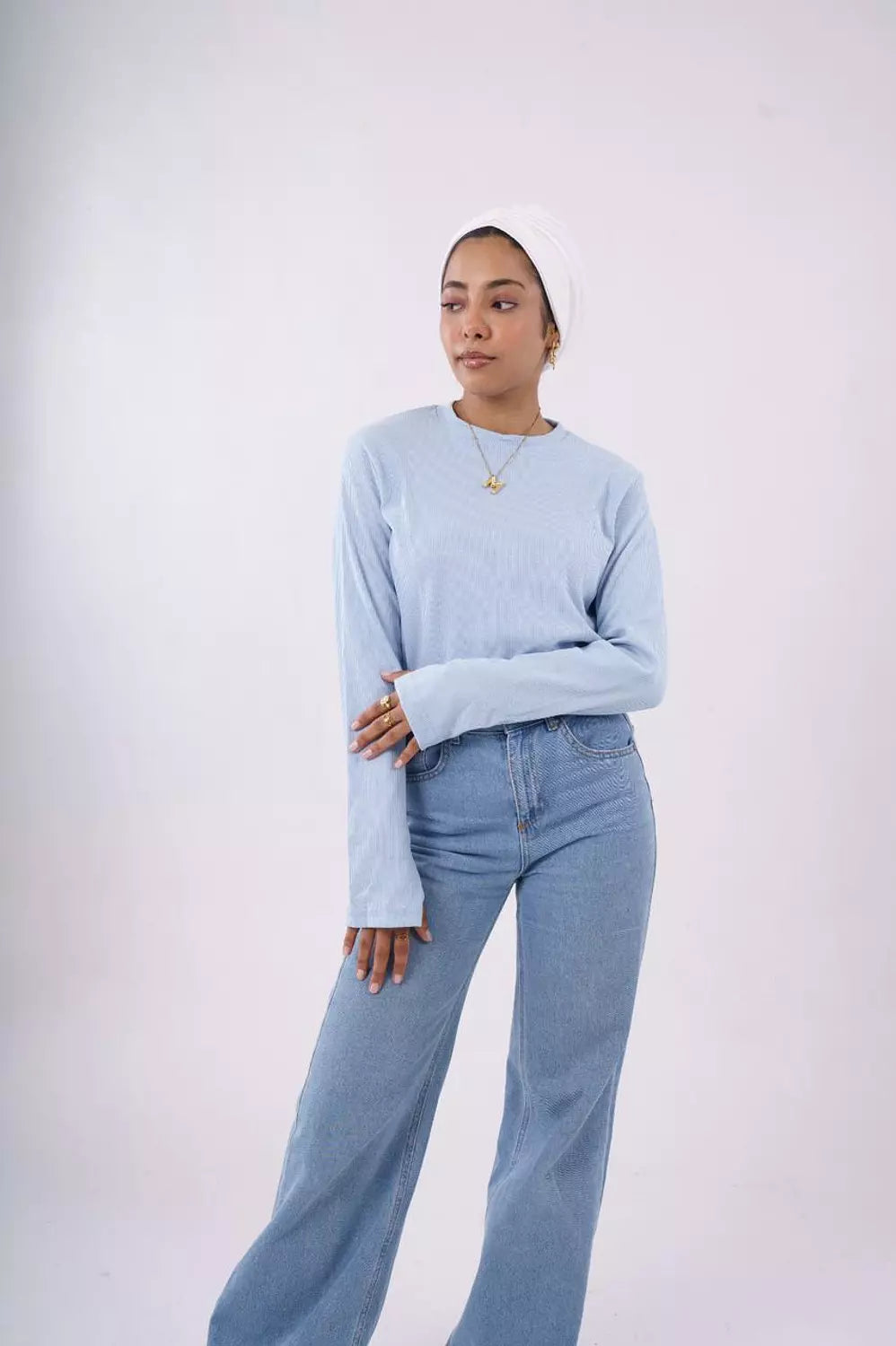 Ribbed long sleeves top in baby blue