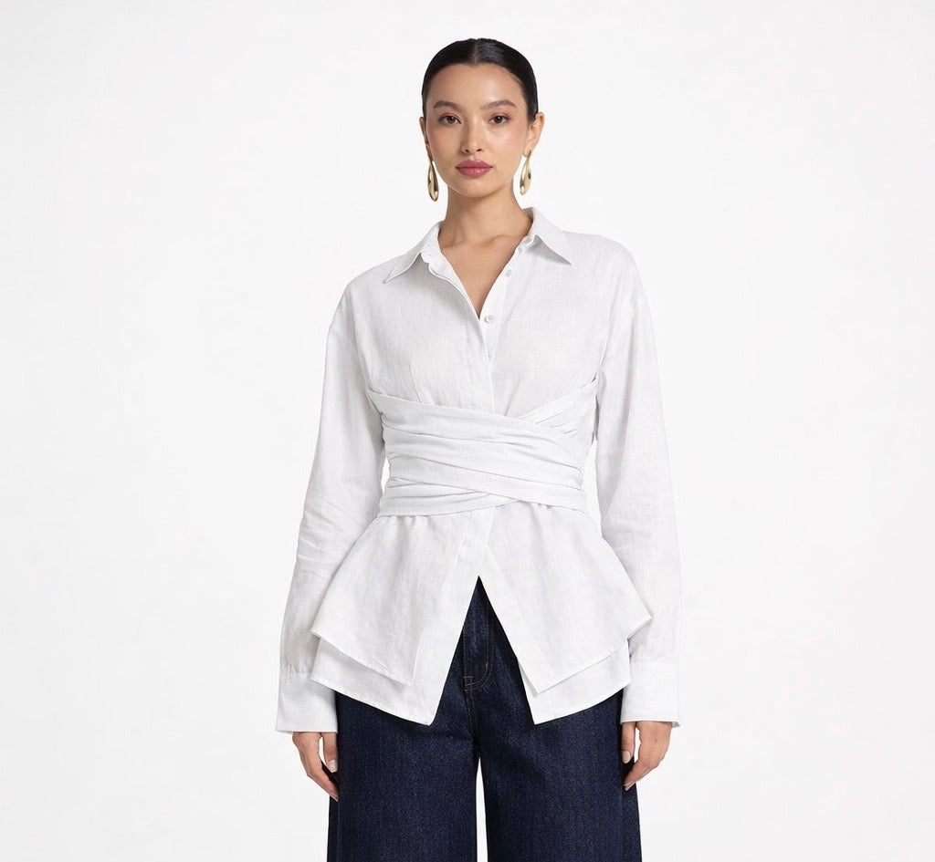 ELARA WRAP BLOUSE ON WHITE
