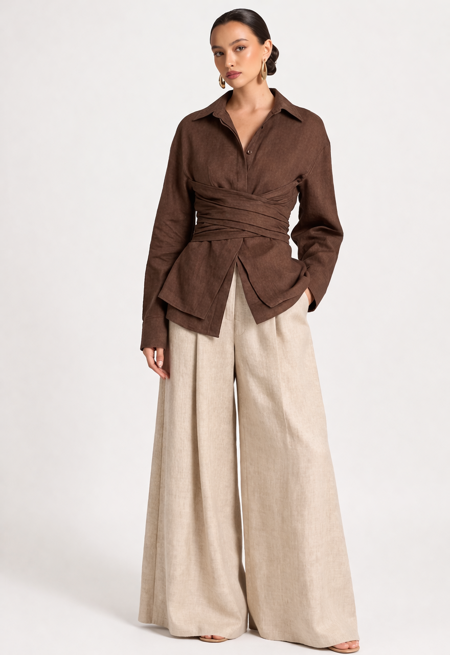 ELARA WRAP BLOUSE IN BROWN